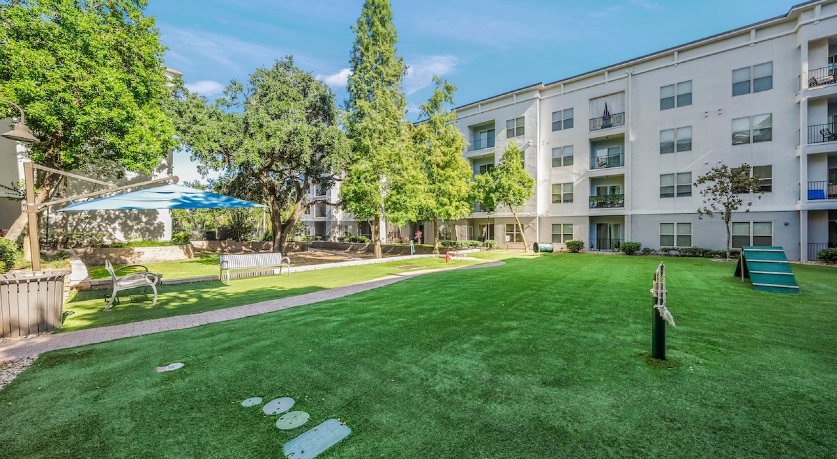 Expansive dog park dog park green lawn with building in the background